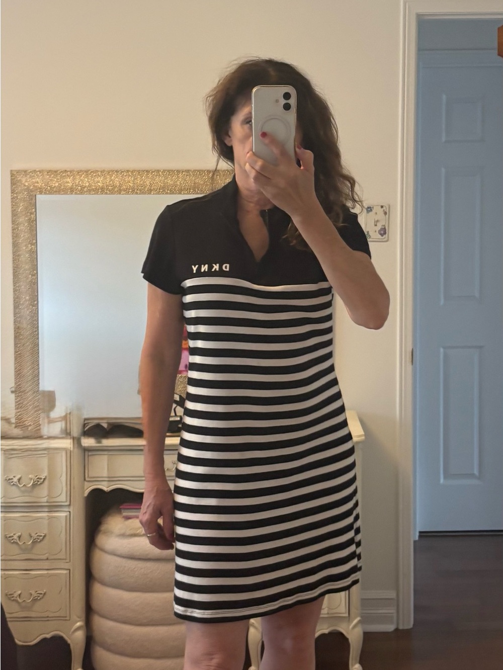 DKNY Black and White Striped Polo Dress